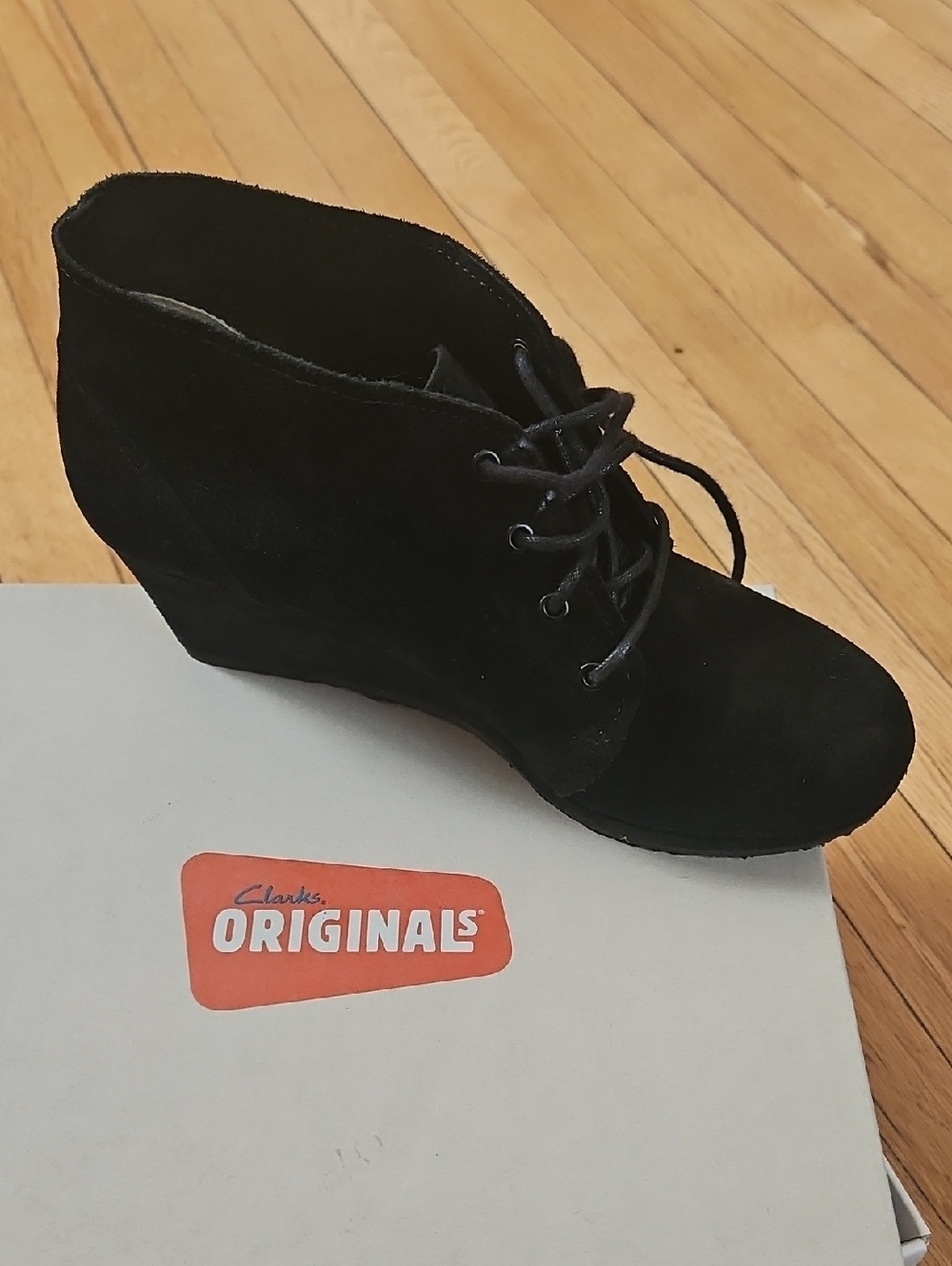 Clark Women’s Black Suede Lace-Up Wedge Booties